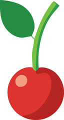 A vibrant stylized illustration of a single ripe red cherry with a green stem and a textured leaf against a white background