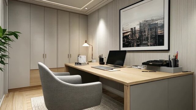 Modern Home Office with Light Wood Desk and Grey Accents