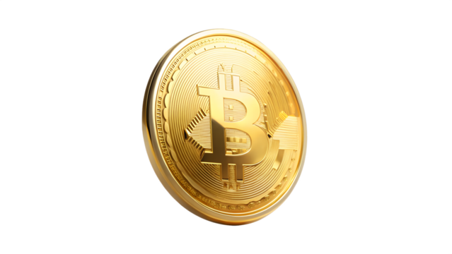 Closeup of a golden bitcoin coin isolated on transparent background