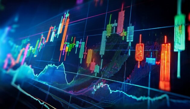 digital stock market chart displaying fluctuating candlestick patterns with colorful lines on a dark screen representing financial data and trading activity