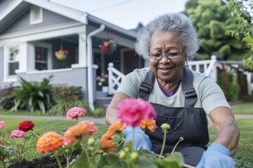 Happy senior woman gardening in front of house
