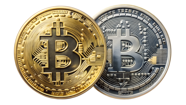Two bitcoin coins, one gold and one silver, isolated on transparent background