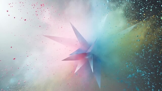 Colorful powder explosion radiating outward from a central geometric form