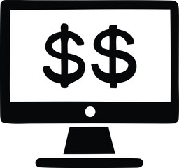 Hand drawn black and white illustration of a computer monitor displaying two large dollar signs representing online earnings or financial transactions