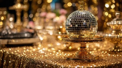 Obraz premium Gold disco ball centerpiece on a glittering table, surrounded by blurred golden bokeh lights and antique style objects.