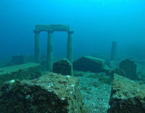 Submerged Ancient City Ruins Beneath Crystal Clear Ocean Waters