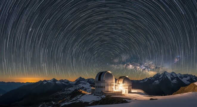 Celestial Arcs and Milky Way Above a Snowy High-Altitude Observatory - Powered by Adobe