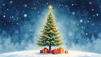 Image of a decorated Christmas tree in a snowy scene. A beautifully decorated Christmas tree in a winter landscape with snow falling, evoking holiday magic and outdoor celebration.