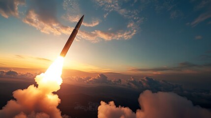 Fototapeta premium military defense system launching surface-to-air missile, clouds in the sky, high-speed capture of missile in motion