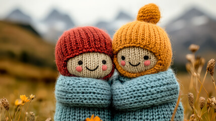 Fototapeta premium Cute knitted doll couple embracing in a scenic mountain landscape