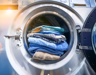 washing machine clean laundry and clothes at laundromat business home and self service fresh hygienic and closeup of pile of clothing for textile eco fabric softener and cleaning duties