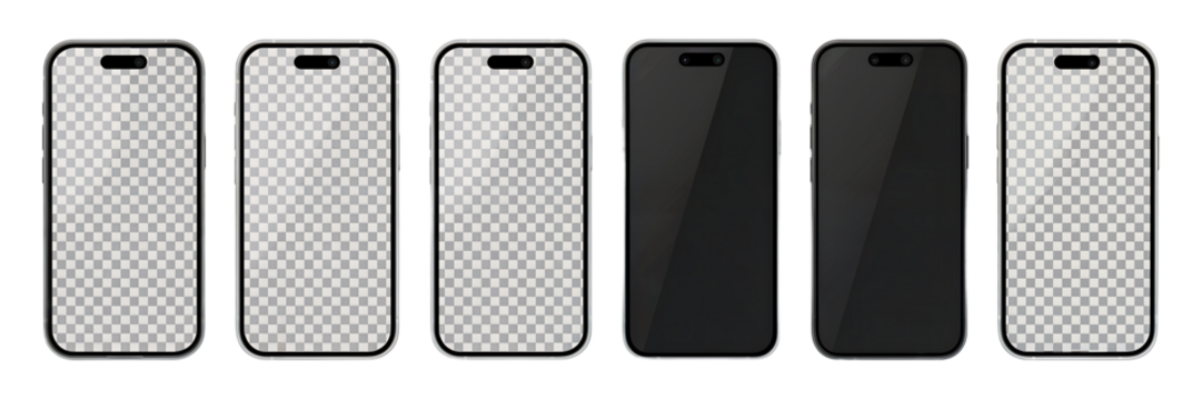 Six modern smartphones with blank screens and black screens arranged in a row mobile phone isolated on a transparent background