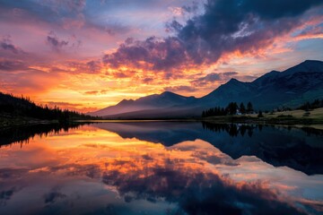 Fototapeta premium sunset in the mountains at a calm lake that creates a perfect reflection.