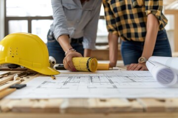 Architects reviewing blueprint on construction site with hardhat and measuring tools