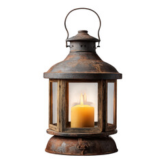 Rustic antique lantern with a lit candle isolated on transparent background