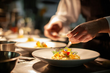 A chef plating gourmet risotto with edible flowers in a fine-dining kitchen, shallow depth of field with warm lighting
