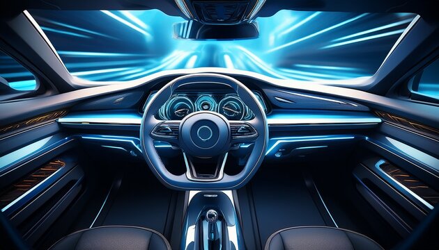 modern luxury futuristic car interior focusing on steering wheel and dashboard with dramatic lighting and blue metallic tones generative ai