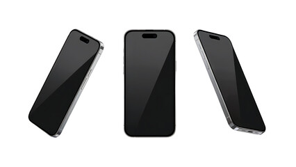 Three modern smartphones with silver frames and black screens in different angles mobile phone isolated on a transparent background