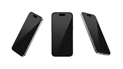 Three modern smartphones with silver frames and black screens in different angles mobile phone isolated on a transparent background