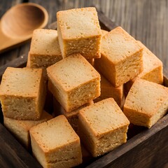 Stacked golden square shortbread cookies in wooden box