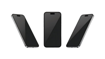 Three Smartphones Angled with Dark Screens on a White Surface mobile phones cell phones isolated on a transparent background