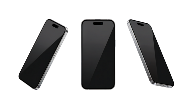 Three modern smartphones with silver frames and black screens in different angles mobile phone isolated on a transparent background