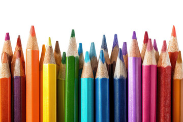 Colorful assortment of sharpened colored pencils arranged in a neat row on a white background