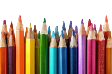 Colorful assortment of sharpened colored pencils arranged in a neat row on a white background