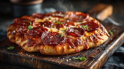 Close up of a hot pepperoni pizza on a rustic wooden board. Steam rises from the melted cheese and pepperoni.