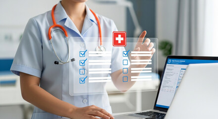 medical checklist, nurse interacting with digital interface on laptop showing healthcare report icons representing patient data management diagnosis workflow and clinical documentation system

