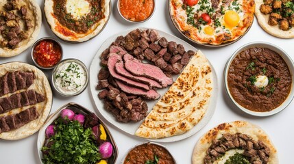 Fototapeta premium Delicious Spread of Mediterranean Dishes Featuring Grilled Meats