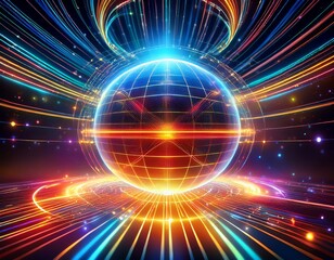Obraz premium a radiant sphere of light energy encircled by vibrant cosmic trails and glowing particles sits atop a futuristic illuminated surface