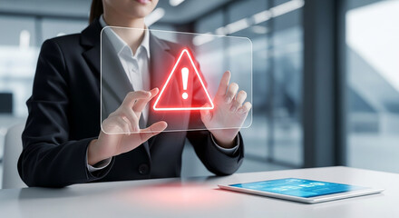 security alert, businesswoman touching glowing red warning triangle on transparent screen representing cyber threat system error data breach danger notification and risk management

