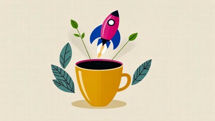 Rocket launching from coffee cup amidst leafy design