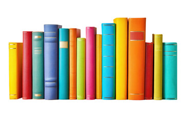 Colorful collection of vintage books arranged neatly on a white background showcasing various sizes and hues in a creative display