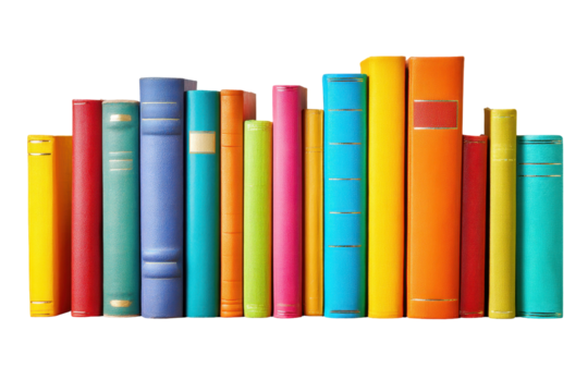 Colorful collection of vintage books arranged neatly on a white background showcasing various sizes and hues in a creative display