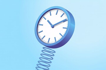 Spring forward time change concept blue clock floating on spring daylight savings abstract 3d illustration.