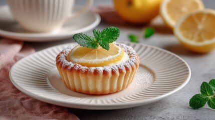 Close up of a lemon tart dusted with powdered sugar, garnished with mint, served on a plate with lemons and a teacup in the background.