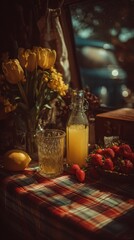 Yellow tulips, lemonade, strawberries, and a lemon on a checkered tablecloth in a dimly lit setting. 