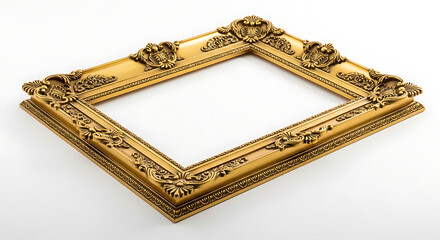 Ornate gold picture frame with intricate details and a blank center on a white background studio shot