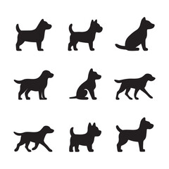 Collection of Dog Silhouettes Displaying Various Poses and Breeds with a Clean and Minimalist Aesthetic Style on a White Background