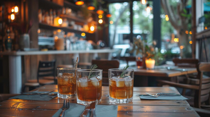 Refreshing iced drinks with rosemary sprigs on a restaurant table. Cozy and inviting ambiance.