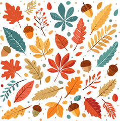 Obraz premium Flat vector illustration of colorful autumn leaves, berries, and acorns in hand-drawn style. Perfect for seasonal design, fall decorations, cards, patterns, and Thanksgiving themes.