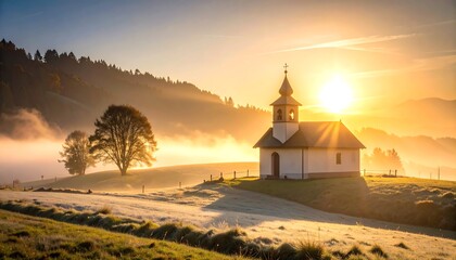 Sunrise Over Small Chapel in Foggy Rural Landscape