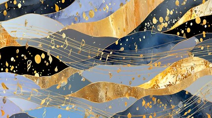 Obraz premium Delicate Music Notes Mural with Exotic Waves and Gold Accents