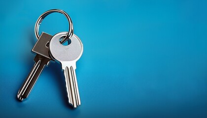 a silver key to a house attached to a keychain is shown against a blue background empty space for copying onto the keychain represents the idea of buying a new house and the real estate property