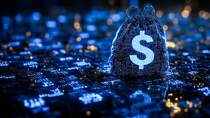 A money bag with dollar sign made of blue digital numbers, finance, wealth and technology background. symbolizes business success through global online trading and financial