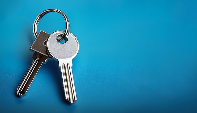 a silver key to a house attached to a keychain is shown against a blue background empty space for copying onto the keychain represents the idea of buying a new house and the real estate property - Powered by Adobe