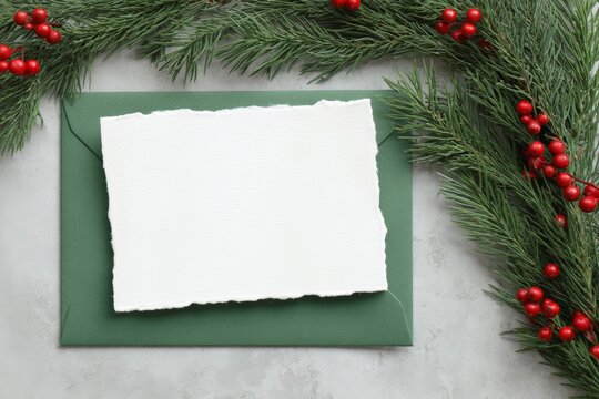 Christmas card mockup with green envelope and pine branches on stone