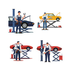 Flat vector of a mechanic standing next to a hydraulic lift car, Car Maintenance & Auto Repair illustration